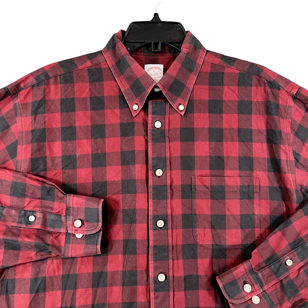 Brooks Brothers Shirt Mens L Red Black Buffalo Plaid Supima Cotton Non-Iron